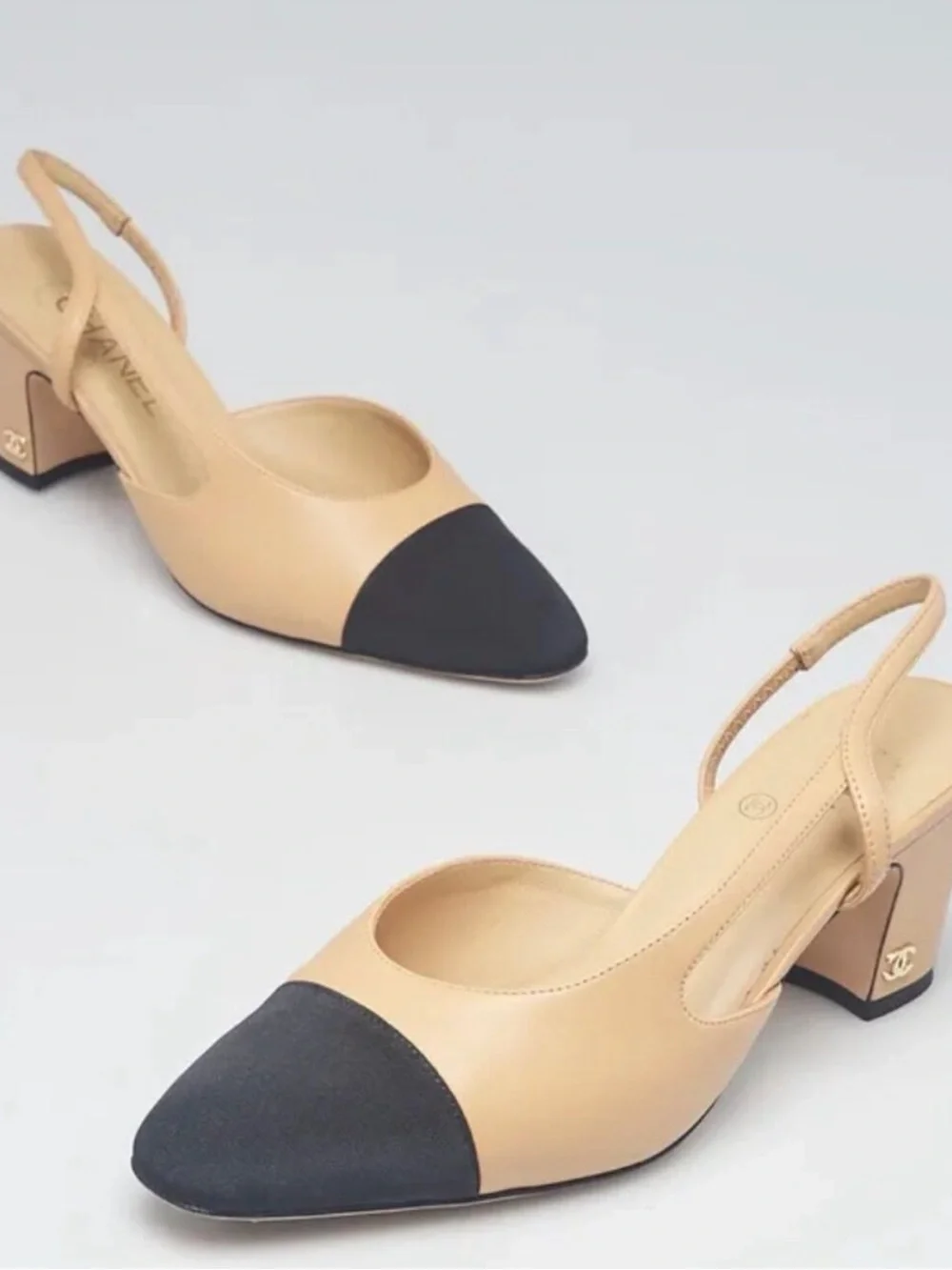 Chanel Lambskin Beige Black Cap Toe Slingback Heels 36.5